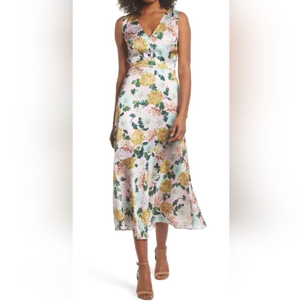 Sam Edelman Dress Midi Pink Floral Print Double V Neck Size 4 #201